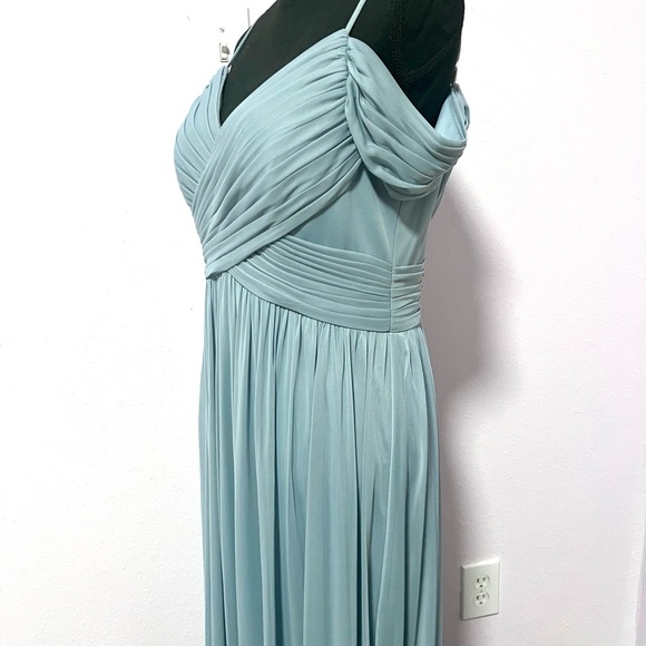NEW AZAZIE dusty Blue off the shoulder chiffon A line Ruched AJA Maxi Gown A12 - Picture 8 of 10